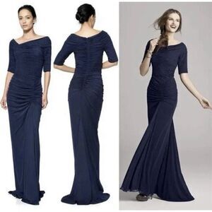 TADASHI SHOJI Navy Blue Asymmetric Ruched Draped Mesh Maxi Gown Dress M = 8/10